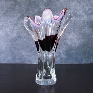 Vintage Chribska Bohemian Hand Blown Glass Purple Clear Pink Glass Vase